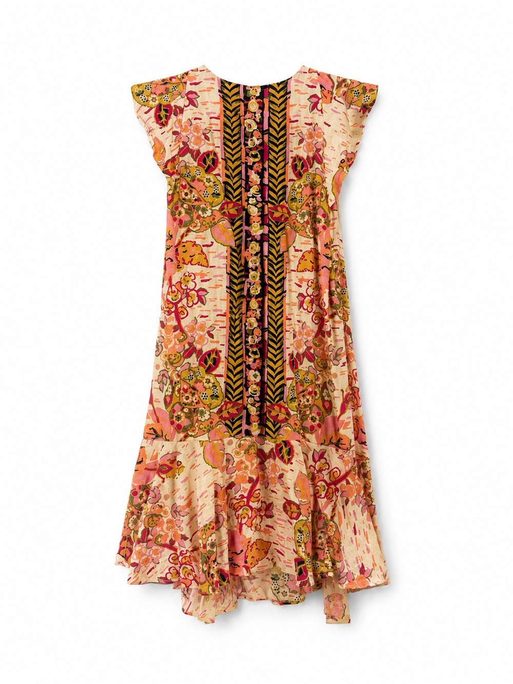 Free People Peach-Pink Floral Midi Dress with Black Trim